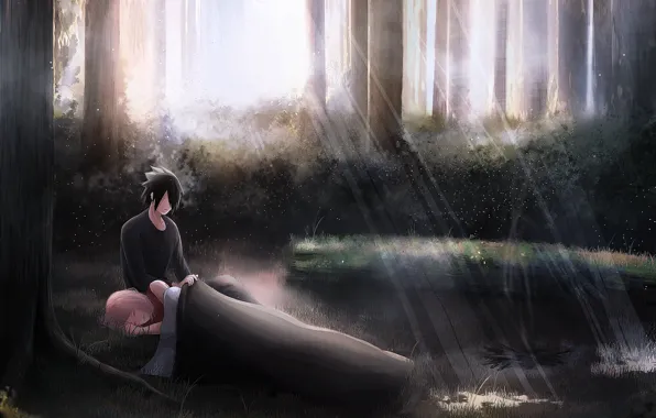 Forest, Sasuke, Sakura, naruto, art, by Anna