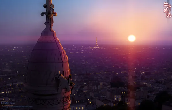 Picture girl, the sun, sunset, the city, lights, Eiffel tower, anime, roof, bear, art, guy, miharu