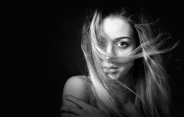 Picture eyes, look, girl, face, background, hair, black and white