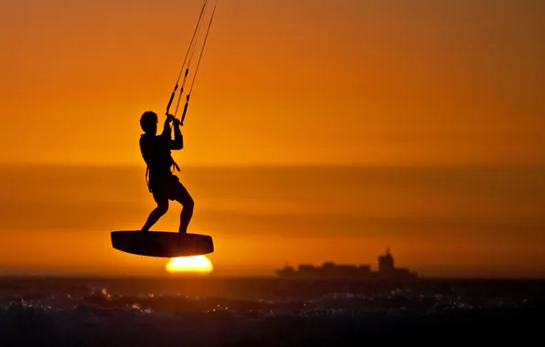 Sea, the sky, the sun, sunset, ship, athlete, Board, kitesurfing