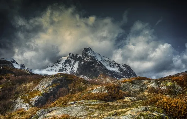 Picture snow, mountain, Flakstad, Lofoten islands, Party from Nusfjord