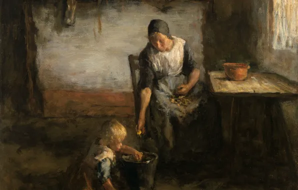 Oil, picture, canvas, genre, Jacob Simon Hendrik Kever, Potato Peeler