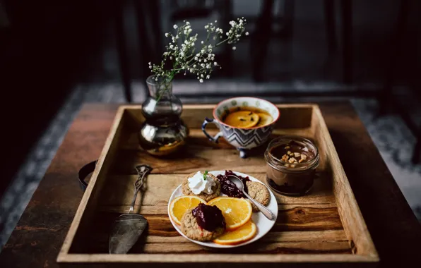 Flowers, the dark background, table, tea, oranges, Breakfast, cookies, spoon