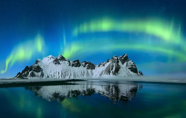 The sky, mountains, night, Northern lights, Iceland, Have stoknes