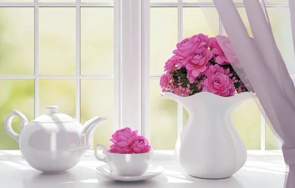 Picture flowers, roses, kettle, window, vase
