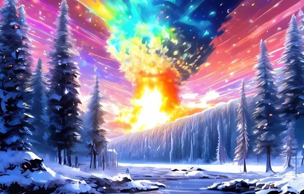 The explosion, stars, Northern lights, winter forest, ai art, explosion of weapons-grade plutonium, plutoni 239