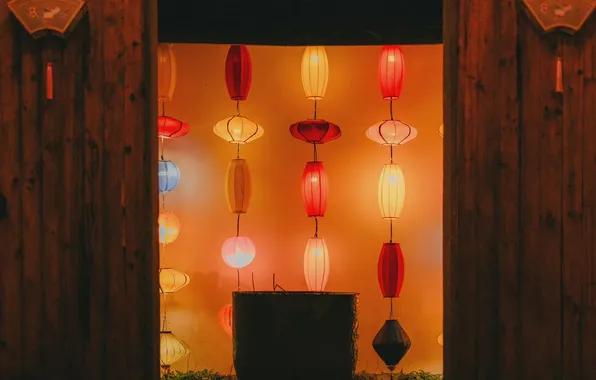 Light, pass, lanterns, doorway, chinese lanterns