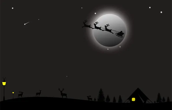 Winter, Night, Snow, The moon, House, Christmas, New year, Santa Claus