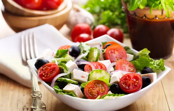 Picture bow, vegetables, tomatoes, salad, olives, Greek, feta