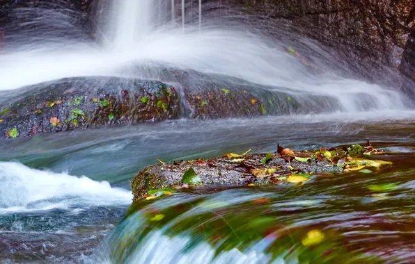 Picture autumn, leaves, stones, waterfall, stream, autumn