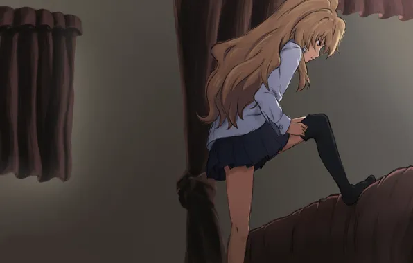 Girl, figure, bed, Anime, curtains, stocking, Aisaka Taiga, Toradora