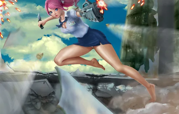 Girl, weapons, jump, art, knife, shooting, form, Frankiew Yip