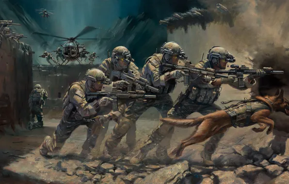 Weapons, dog, art, helicopter, soldiers, capture, equipment, operation