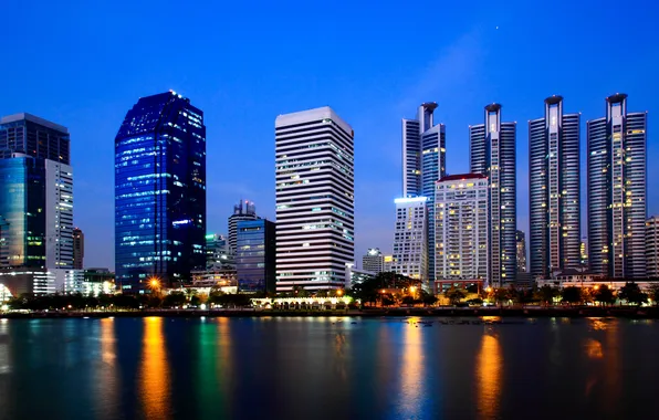 The sky, the city, reflection, river, the evening, twilight, promenade, skyscrapers