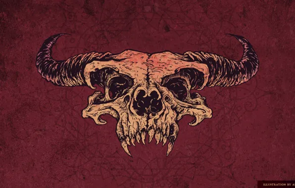 Picture figure, skull, horns, red background