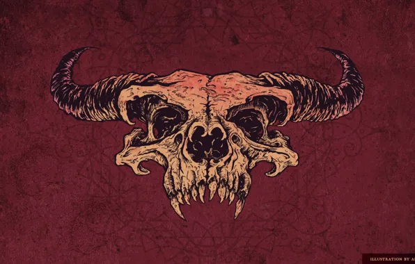 Figure, skull, horns, red background