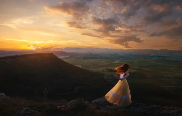 The sky, girl, landscape, nature, romance, dal, dress, long hair