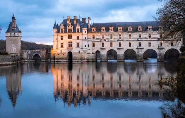 Landscape, sunset, reflection, river, castle, France, tower, Castle of Chenonceau