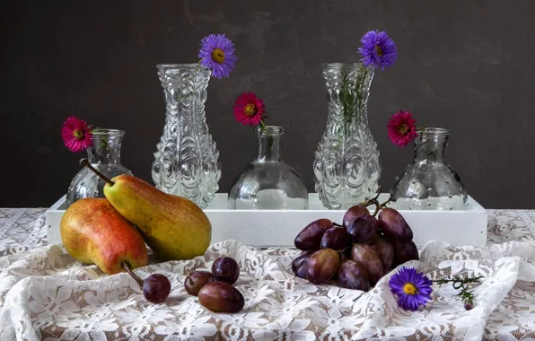 Grapes, pear, vases, asters