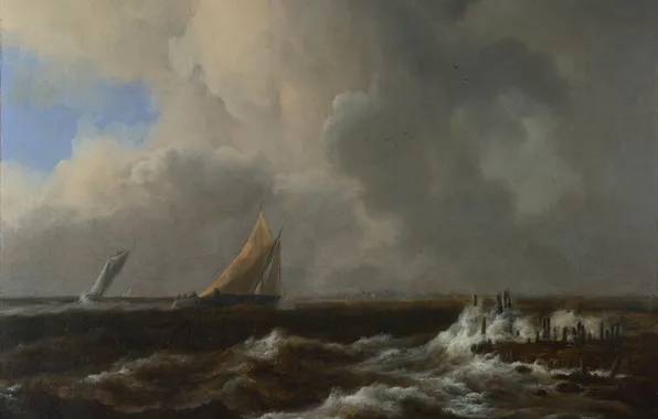 Picture, seascape, Jacob van Ruisdael, Jacob van Ruisdael, Ships in a fresh breeze
