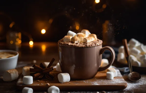 Lights, the dark background, Christmas, candy, spoon, mug, Cup, New year