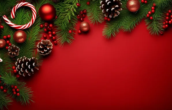 Balls, branches, Christmas, red, New year, needles, bumps, red background