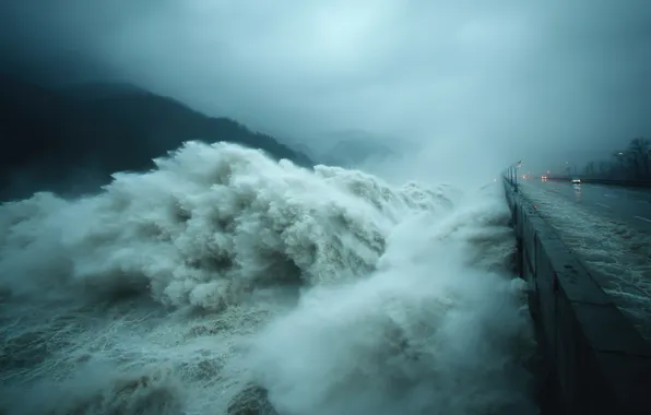 Sea, wave, landscape, mountains, storm, fog, shore, stream