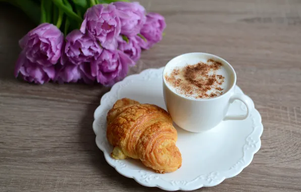 Picture flowers, croissant, cappuccino, coffee, tulips