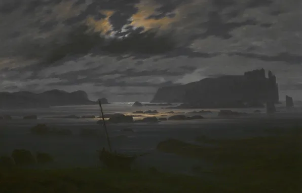 Landscape, night, boat, picture, Caspar David Friedrich, Northern Sea in the Moonlight