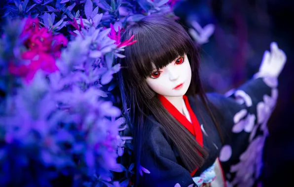 Picture vegetation, toy, doll, brunette, geisha, red eyes