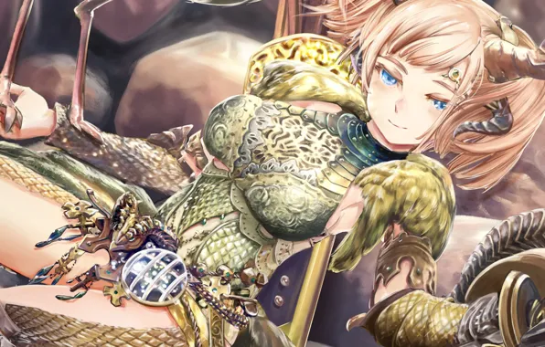 Girl, Anime, Horns, Art, monster hunter