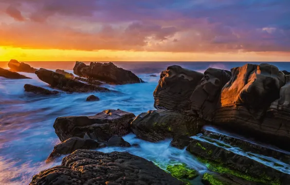 Picture sea, wave, the sky, clouds, light, sunset, blue, yellow