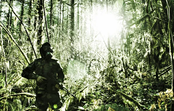 Picture forest, weapons, machine, gas mask, male, camouflage