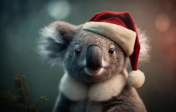 Look, portrait, Christmas, New year, face, needles, Koala, the Santa hat