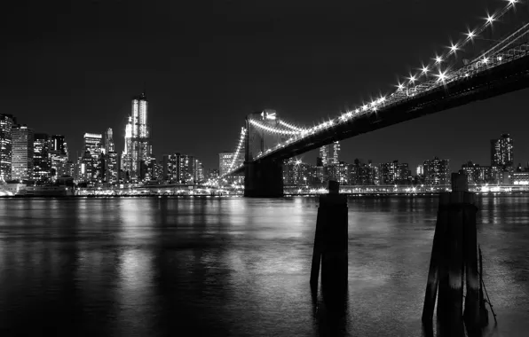 Bridge, lights, black and white, New York