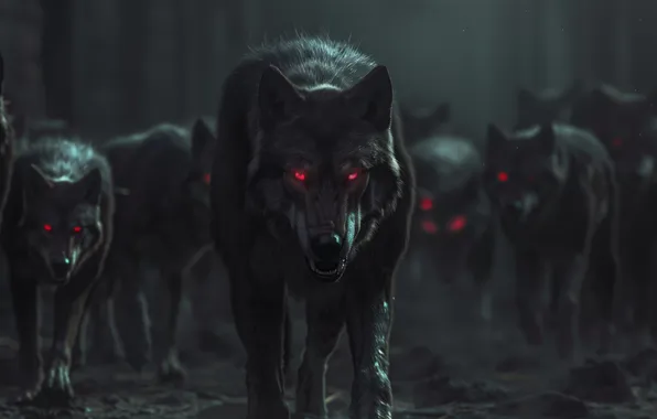 Dark, red eyes, wolf, AI art