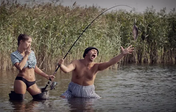 Lake, woman, fishing, man, the trick, smokes, rod, crying