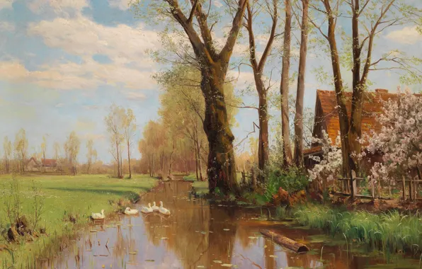 Walter Moras, German painter, German landscape painter, Walter Moras, oil on canvas, Magnificent spring landscape …