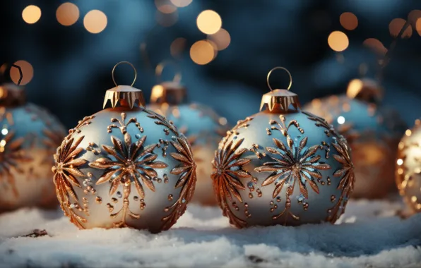 Winter, snow, decoration, balls, New Year, Christmas, golden, new year