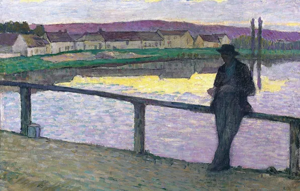 Landscape, bridge, home, picture, the evening, male, Henri Lebacq, Young Man in front of the …