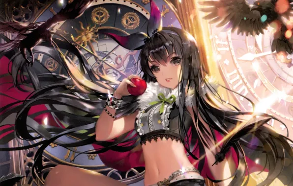 The wind, watch, Apple, feathers, girl, crows, dial, long hair