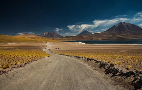 Road, mountains, lake, desert