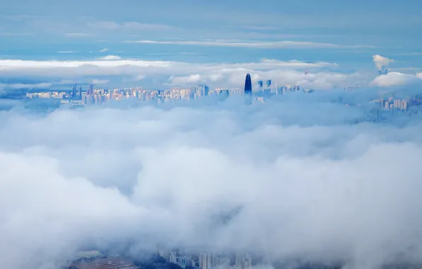 The sky, clouds, the city, fog, day