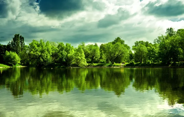 Picture clouds, trees, lake, reflection, shore, dense, Beautiful lake picture