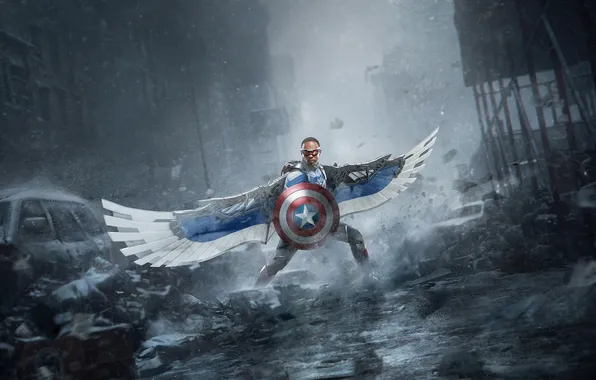 Glasses, costume, shield, poster, comic, Captain America, MARVEL, Anthony Mackie