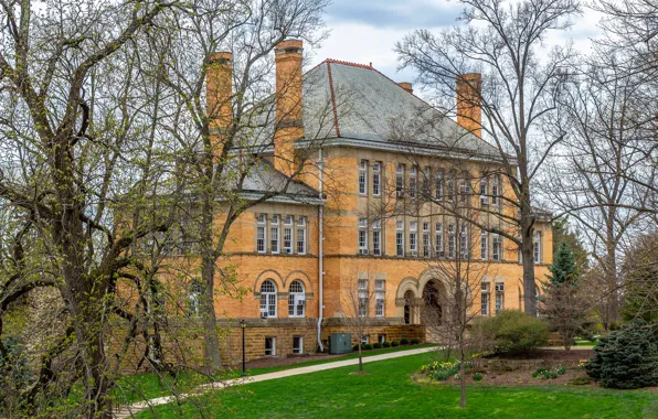 Clouds, trees, lawn, the building, spring, the bushes, University, Ohio