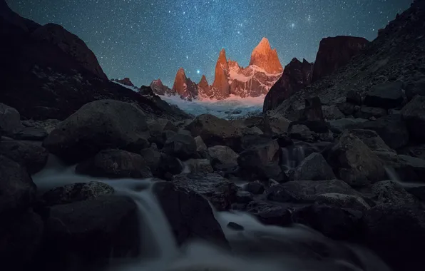 Stars, mountains, night, stones, rocks, waterfall, Andes, Patagonia
