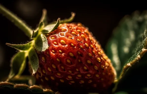 Light, berries, rendering, leaf, strawberry, berry, black background, digital art