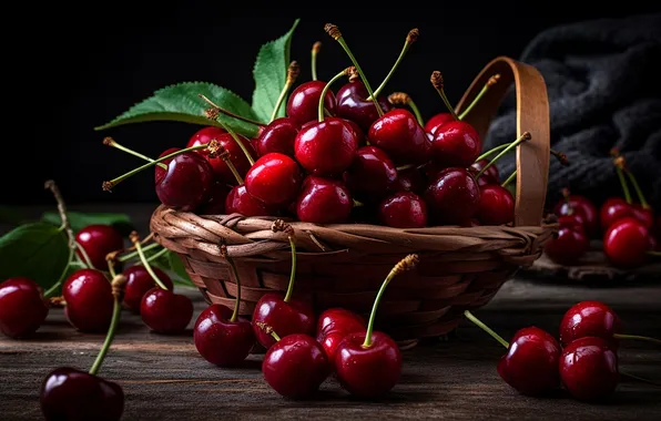 Leaves, cherry, berries, the dark background, table, harvest, placer, basket