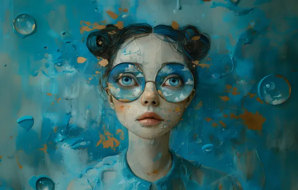 Girl, bubbles, glasses, hairstyle, girl, blue eyes, painting, blue background